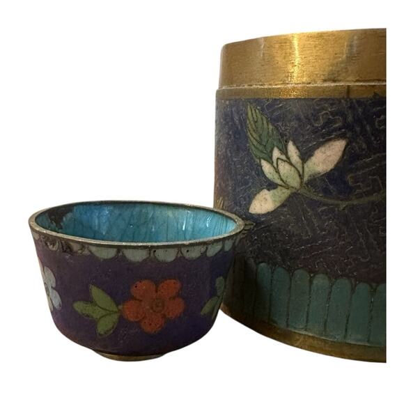 Pair x2 Ancient Chinese Cloisonne Jars Tea Caddy Box Floral Printed Enamel - Picture 2 of 7